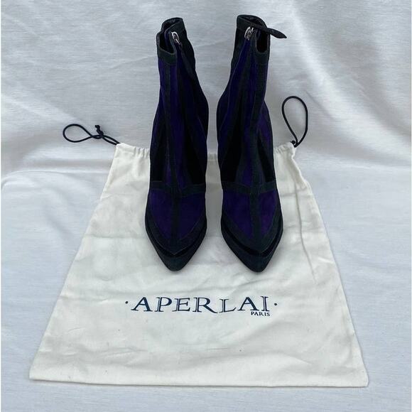 Aperlai 37 US 7 Colorblock Purple Black Suede Leather Pointed Toe Ankle Boots - Picture 10 of 10